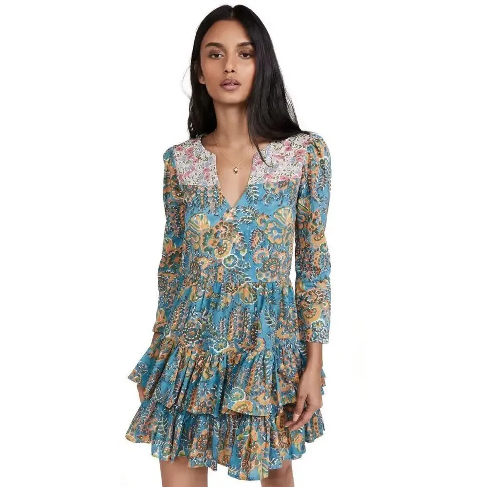 Alix of Bohemia Squash Blossom‎ Turquoise Print Tiered Mini Dress Size Small